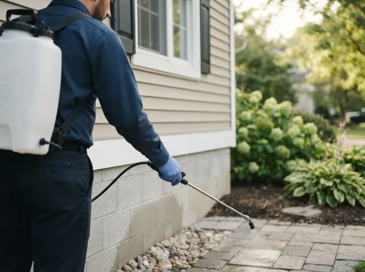 Pest control technician inspecting a home in Covert, MI